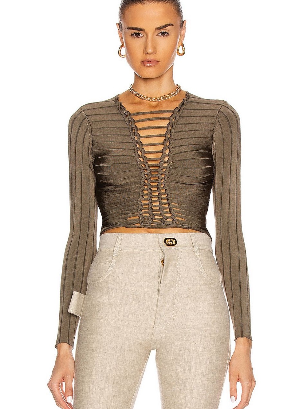Dion Lee Olive Ribbed Lattice-Front Long Sleeve Crop Top